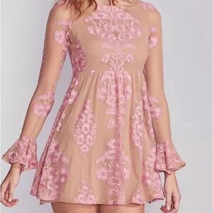 For Love & Lemons Temecula Mesh Mini Dress Nude Pink - Size XS
